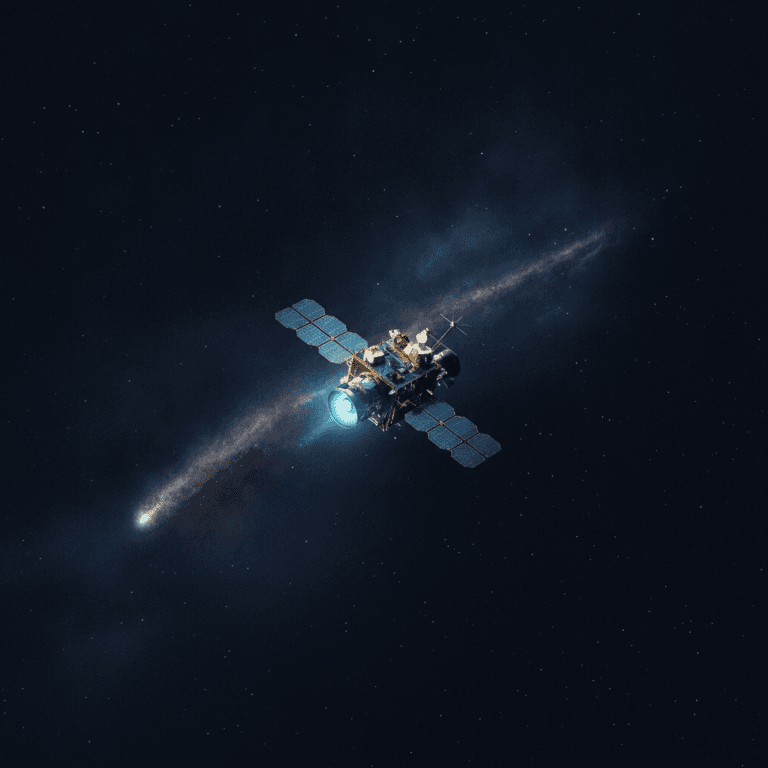 Ilustración editorial de una sonda de espacio profundo con su antena y una emisión térmica sutil alejándose de ella