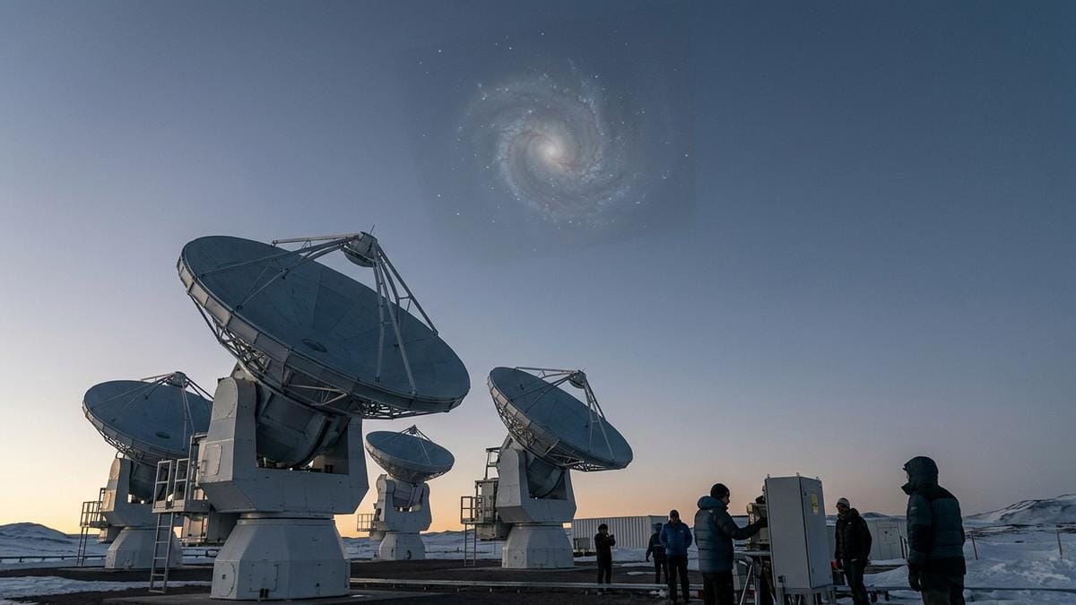 Vista de un observatorio radioastronómico bajo un cielo crepuscular, con una galaxia espiral cercana superpuesta como referencia científica.
