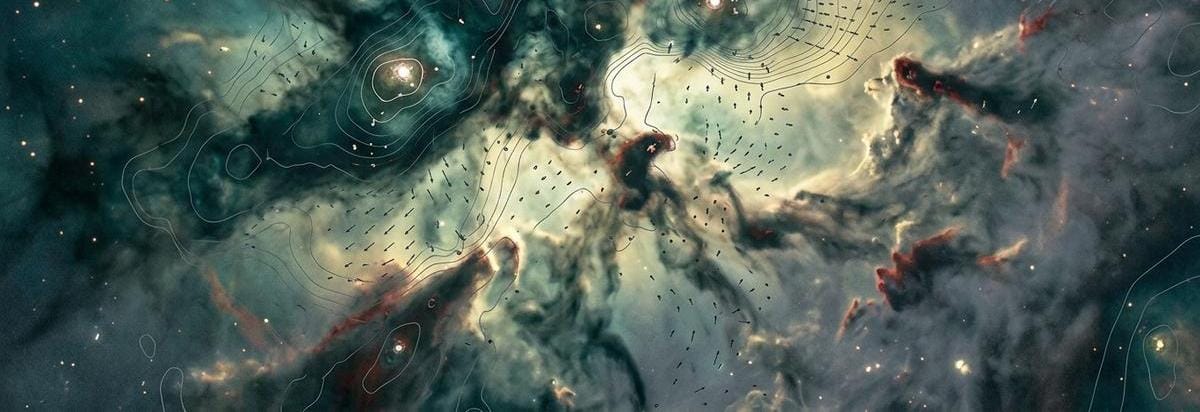 Detalle científico de una región de formación estelar con gas frío y polvo, representada como un mapa multiespectral sobre una zona compacta de una galaxia cercana.