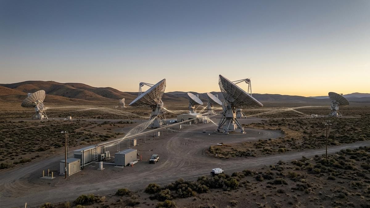 Observatorio de radioastronomía bajo un cielo crepuscular con varias antenas alineadas observando una región del cielo, en un contexto de investigación VLBI.