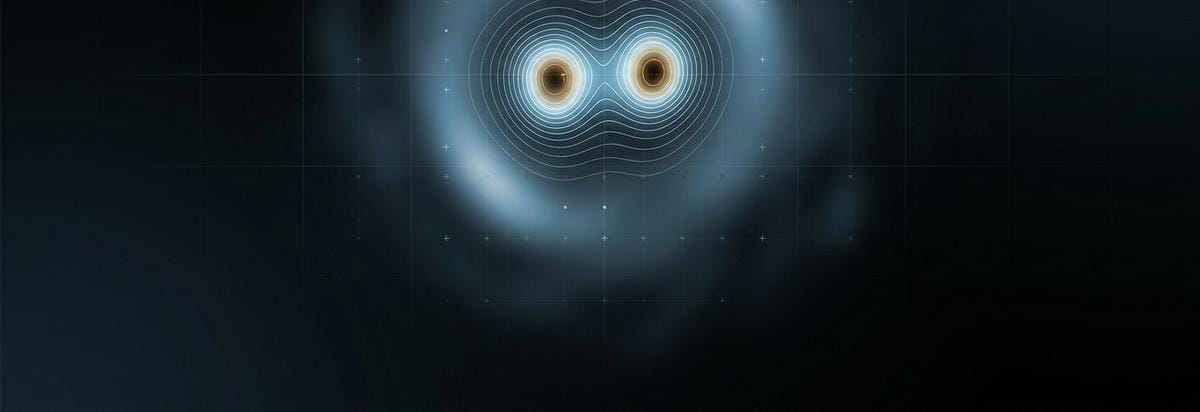 Mapa de interferometría radio con una señal compacta desdoblándose en dos picos luminosos sobre una visualización abstracta del cielo profundo.