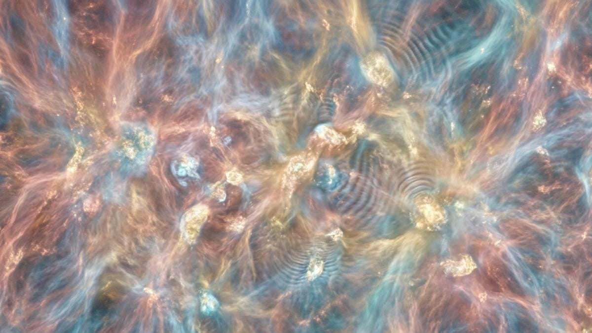 Paisaje del universo temprano con regiones de densidad irregular y filamentos de plasma donde podrían formarse agujeros negros primordiales.
