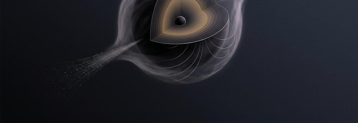 Esquema visual de evaporación de un agujero negro primordial con una posible reliquia compacta y partículas escapando al entorno.
