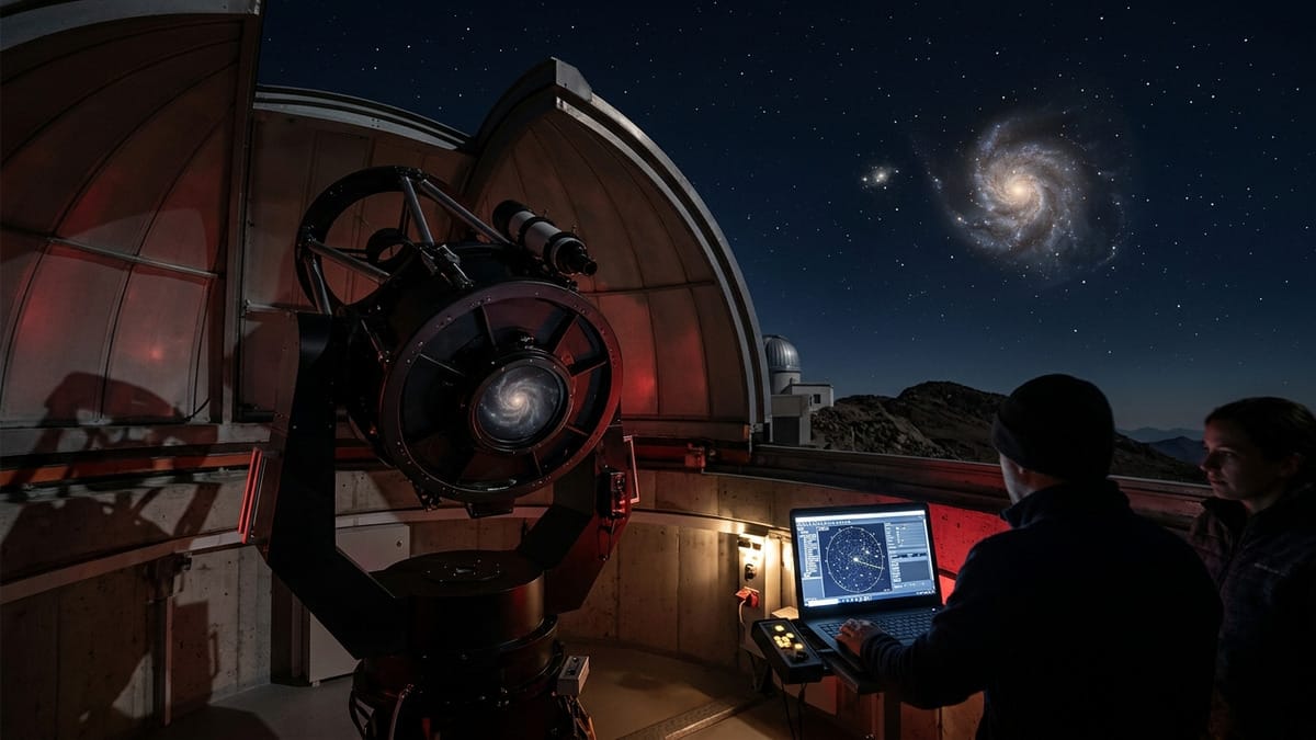 Telescopio observando una galaxia lejana con luz tenue alrededor del centro.