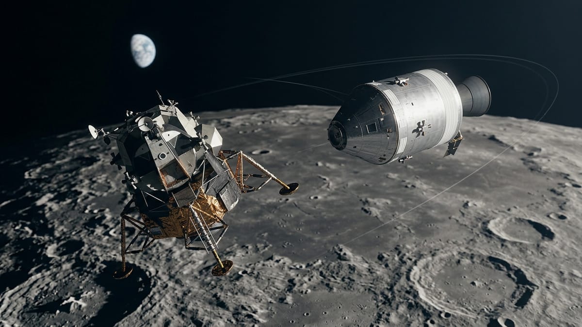 Módulo lunar y módulo de mando de Apolo 11 en una escena técnica sobre la Luna.