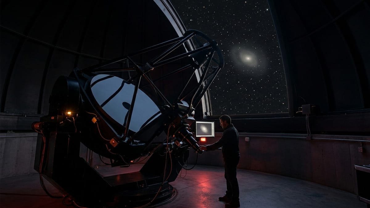 Telescopio observando una galaxia tenue desde un observatorio oscuro.