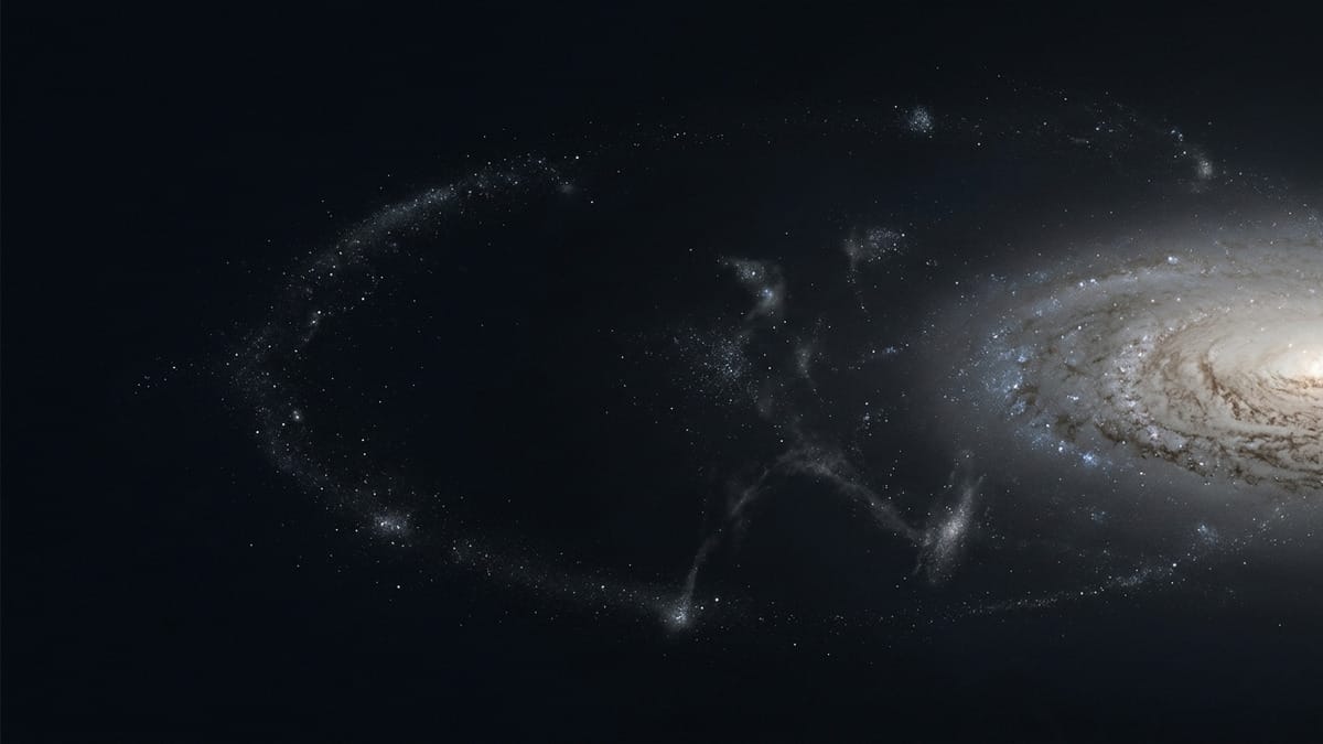 Corriente estelar y restos difusos alrededor de una galaxia, como evidencia de una fusión pasada.