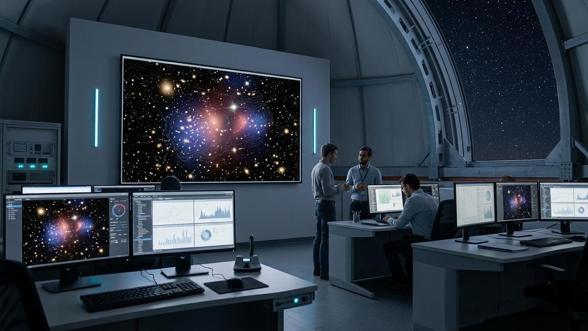 Vista amplia de un observatorio espacial y una región del cielo profundo donde se investiga el Bullet Cluster