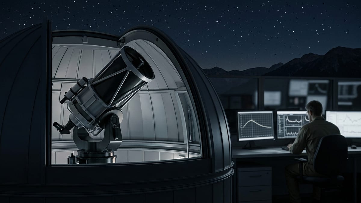 Observatorio astronómico con telescopios apuntando al cielo nocturno mientras se realiza análisis científico de la luz de una estrella, en un contexto de observación y evidencia.