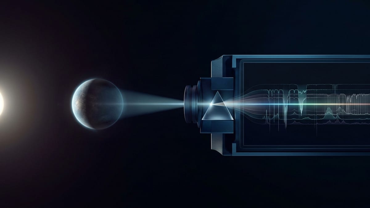 Visualización científica de espectro de luz de una estrella filtrada por la atmósfera de un planeta, con líneas espectrales que sugieren detección química.