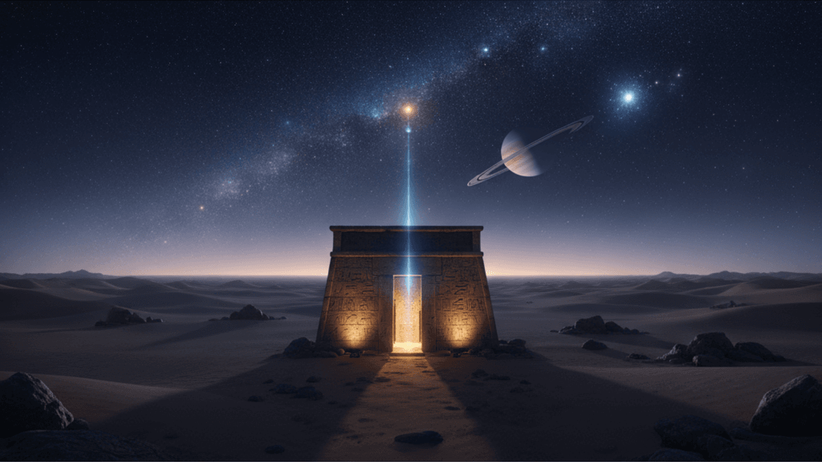 Ilustración editorial de la entrada de una tumba de corredor neolítica iluminada por el amanecer de invierno