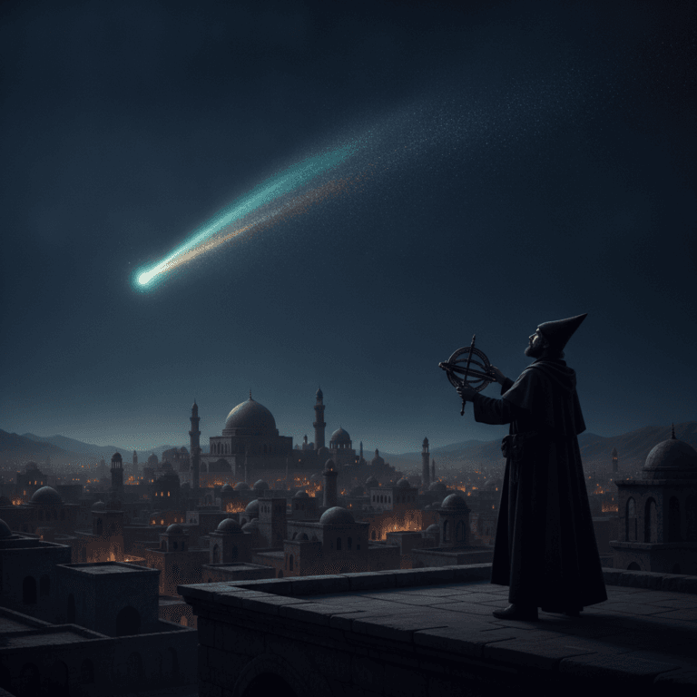 Ilustración editorial del cometa Halley cruzando un cielo nocturno sobre una ciudad histórica y una persona con un instrumento astronómico