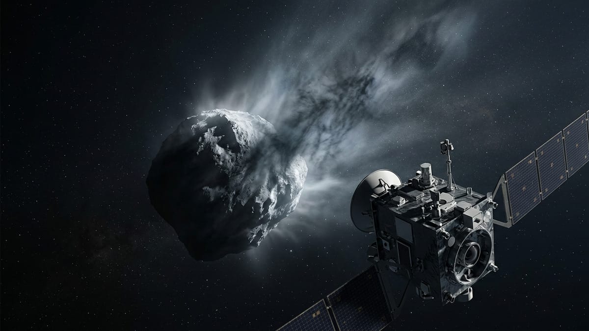 Sonda científica analizando un cometa con su coma de gas y polvo cerca del Sol.