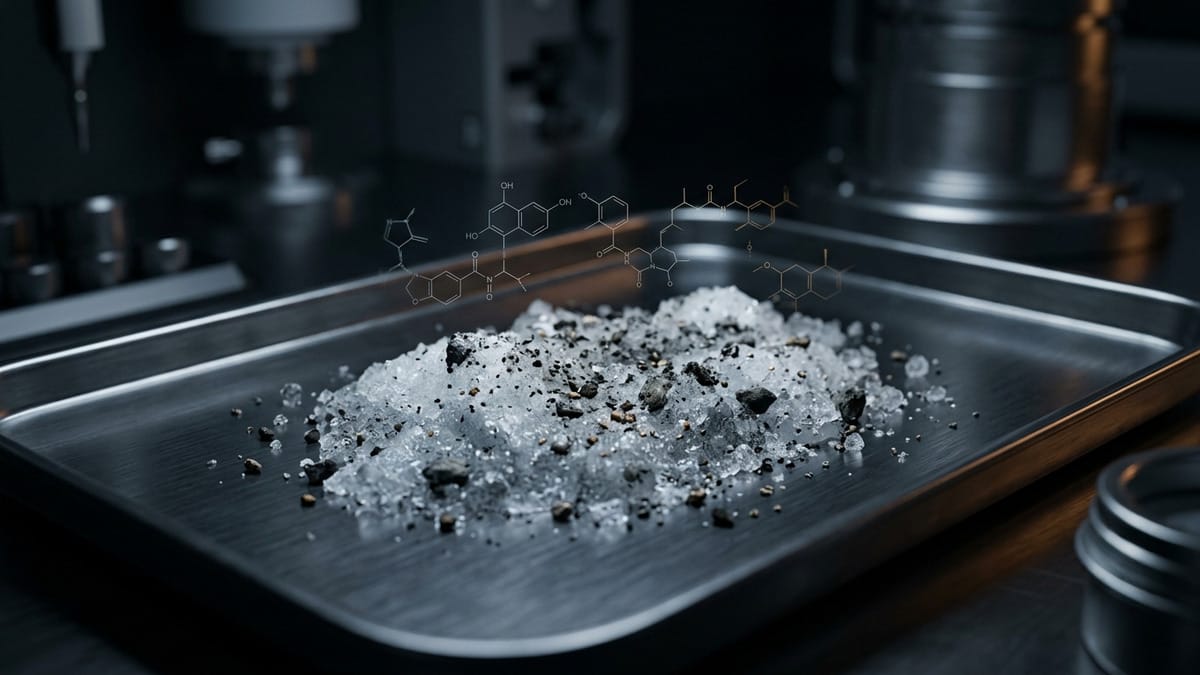 Muestra de material cometario con moléculas orgánicas representadas de forma científica y sobria.