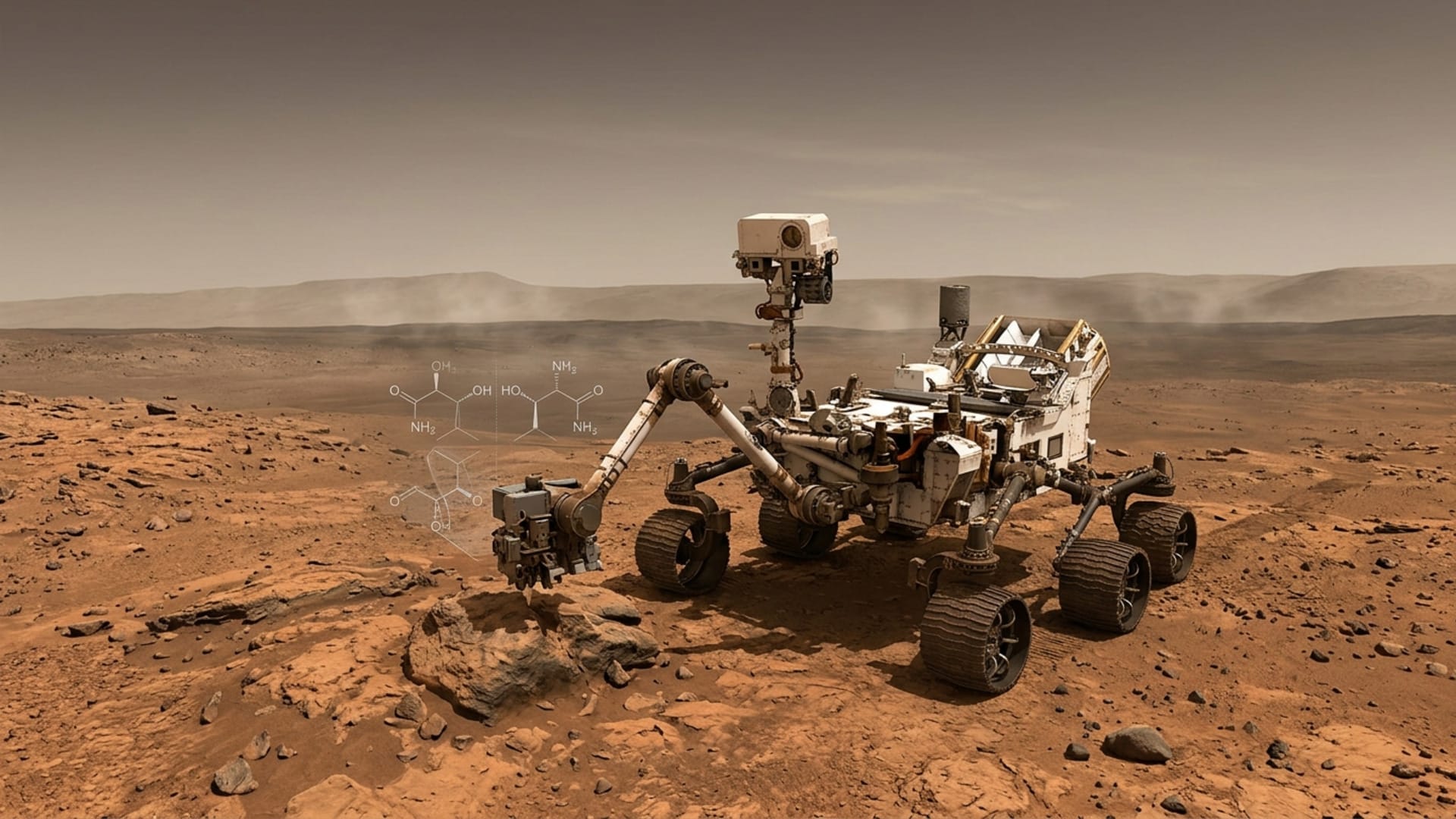 Ilustración editorial de un rover marciano analizando moléculas en el suelo.