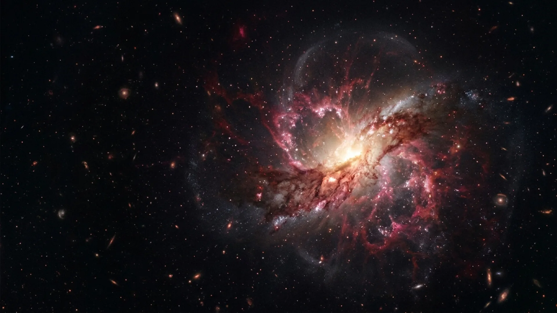 Ilustración editorial del pequeño objeto Abell 2744-QSO1 magnificado por una lente gravitacional alrededor de su agujero negro
