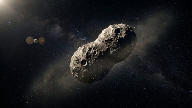 Ilustración editorial de la misión Lucy observando el asteroide Donaldjohanson.