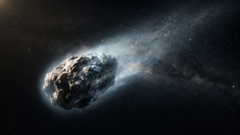 Imagen editorial ilustrativa: Crea una imagen principal de cabecera para un artículo de Crónicas del Cosmos sobre cometas primitivos: un cometa antiguo y realista como sujeto central, cruzando el espacio profundo con una coma de polvo y hielo muy detallada, núcleo irregular y estela sutil iluminada por luz solar baja.