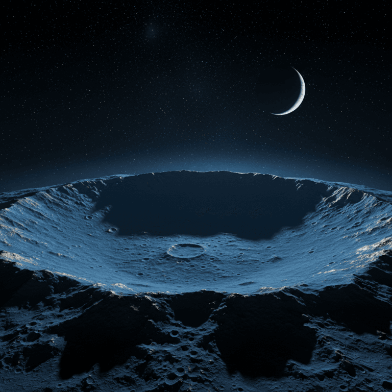Ilustración editorial de un cráter terrestre circular bajo un cielo nocturno estrellado