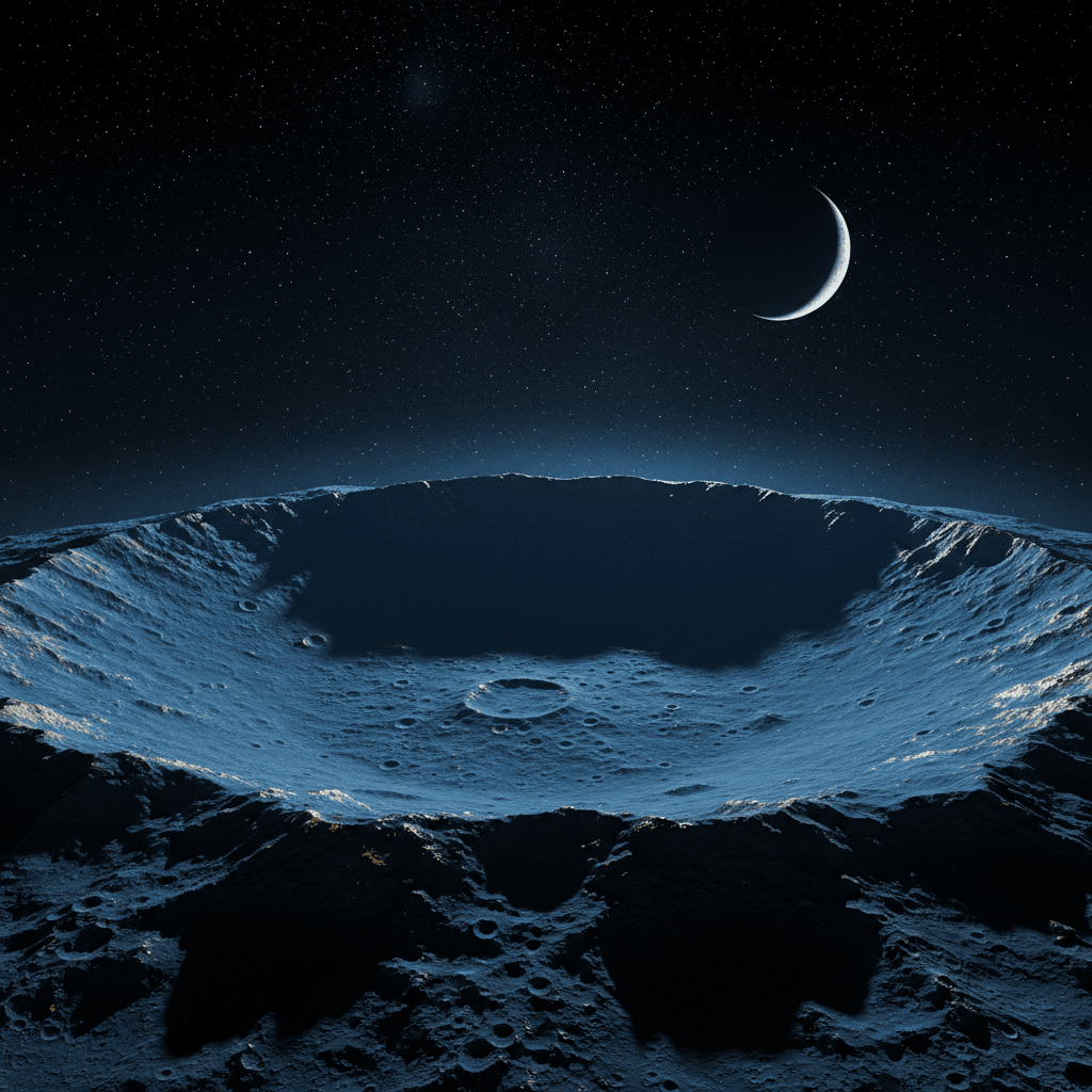 Ilustración editorial de un cráter terrestre circular bajo un cielo nocturno estrellado