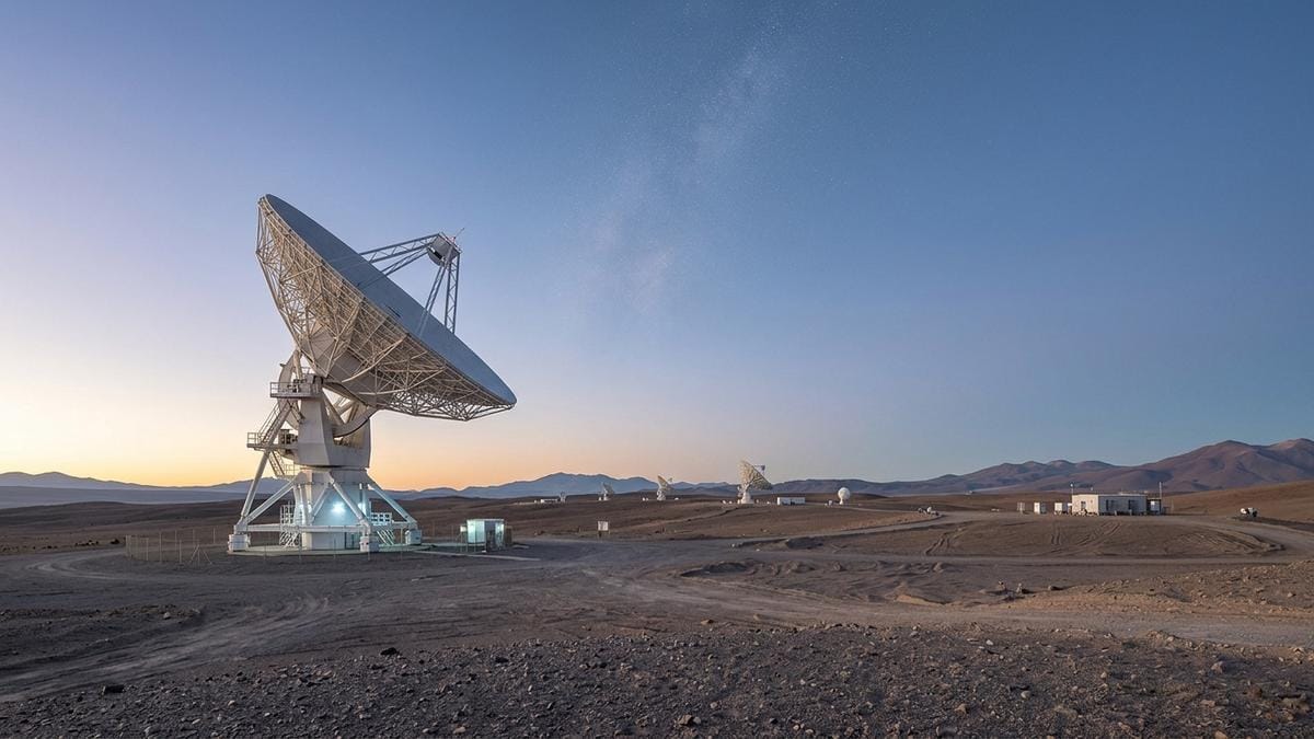 Antena de radioastronomía en un paisaje desértico al atardecer, con el cielo limpio y una sensación de investigación cosmológica en curso.