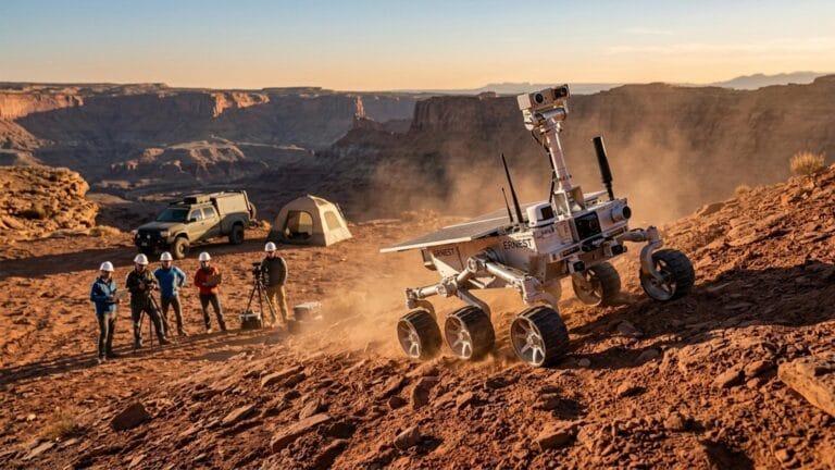 Ilustración editorial de un rover autónomo explorando pendientes extremas.
