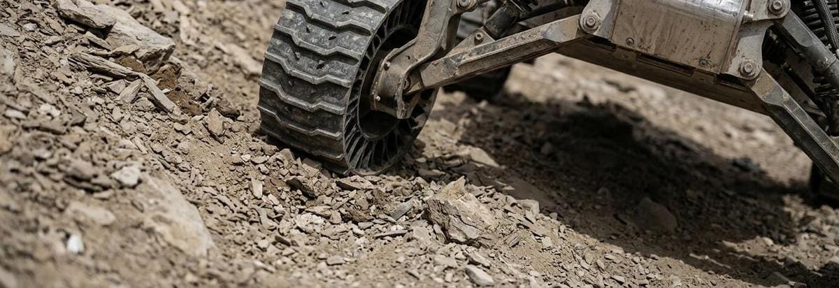 Detalle técnico de un rover experimental inclinado sobre una pendiente, con sensores y ruedas marcando el límite de tracción en terreno pedregoso.