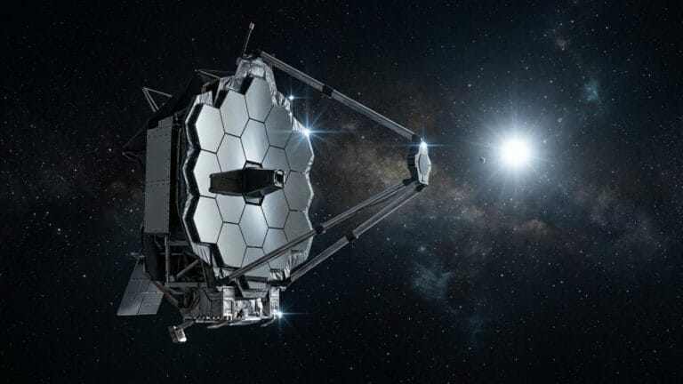 Ilustración editorial de un telescopio espacial observando exoplanetas lejanos.