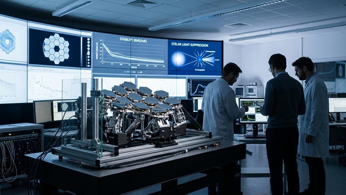 Interior de una sala de control de observatorio espacial con ingenieros supervisando una simulación de estabilidad óptica del telescopio.