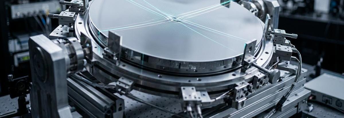 Primer plano técnico de un espejo segmentado mostrando una mínima deformación en un entorno de calibración láser.