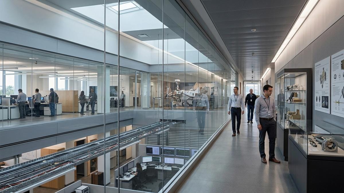 Pasillo acristalado del Jet Propulsion Laboratory con actividad técnica y una vista parcial del campus en el sur de California