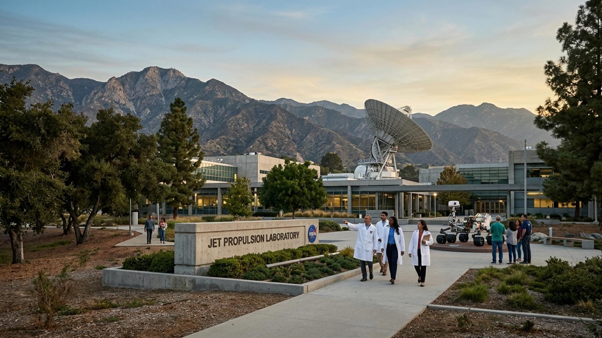 Ilustración editorial del Jet Propulsion Laboratory y la exploración espacial.