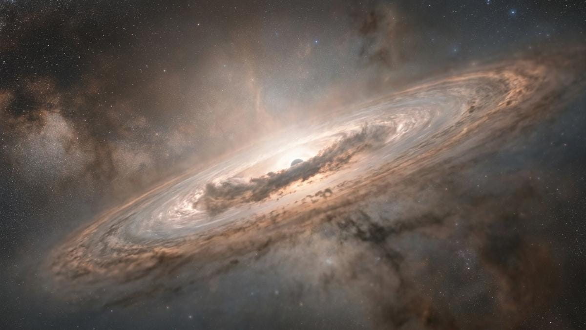 Un disco de acreción de un AGN visto de lado, con un núcleo brillante y polvo interestelar alrededor, en un entorno galáctico denso y activo.