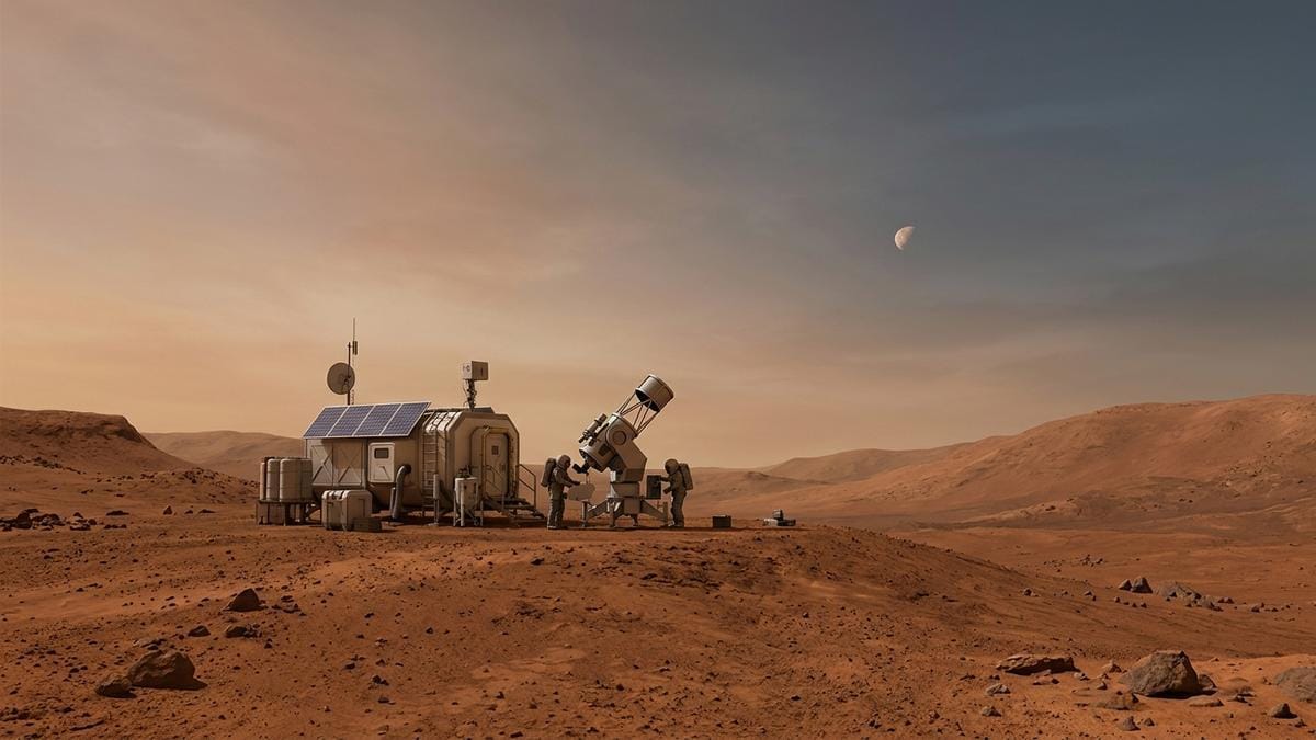 Paisaje marciano con Fobos cruzando bajo el horizonte y una estación de observación científica en primer plano