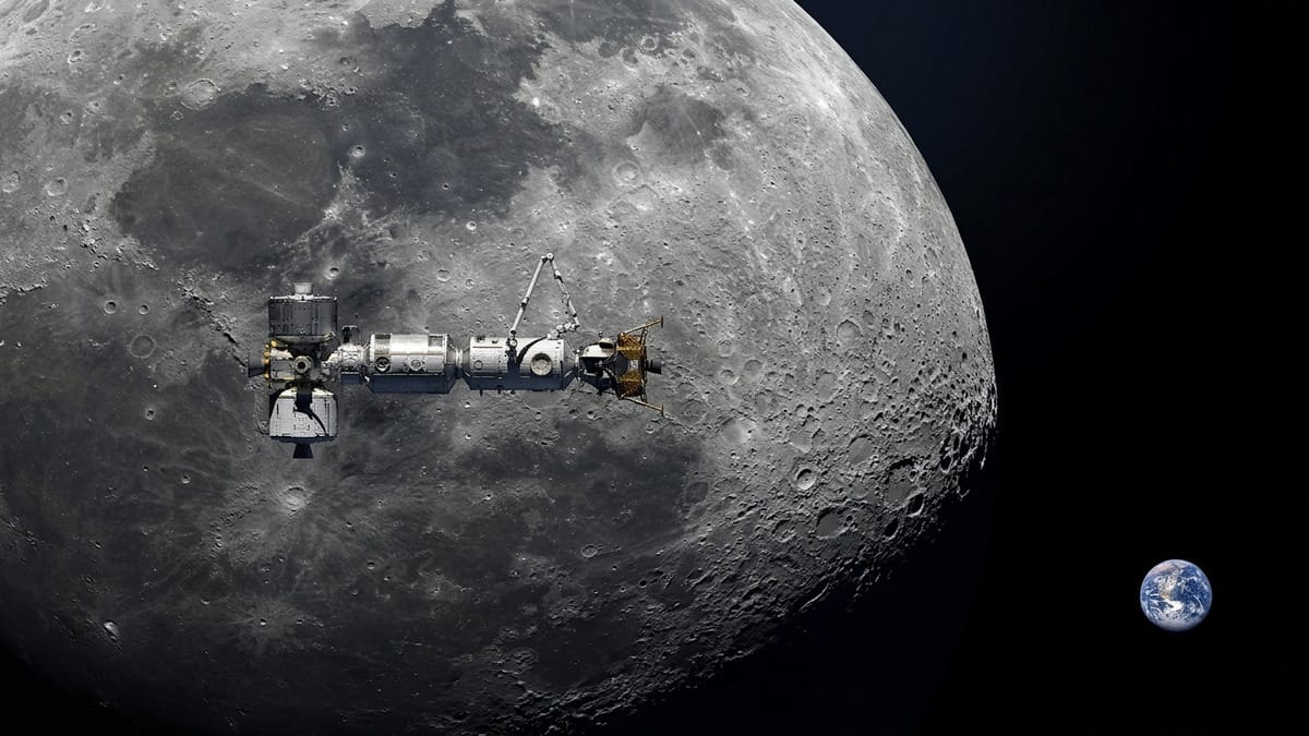 Estación lunar Gateway en órbita alrededor de la Luna con la Tierra al fondo.