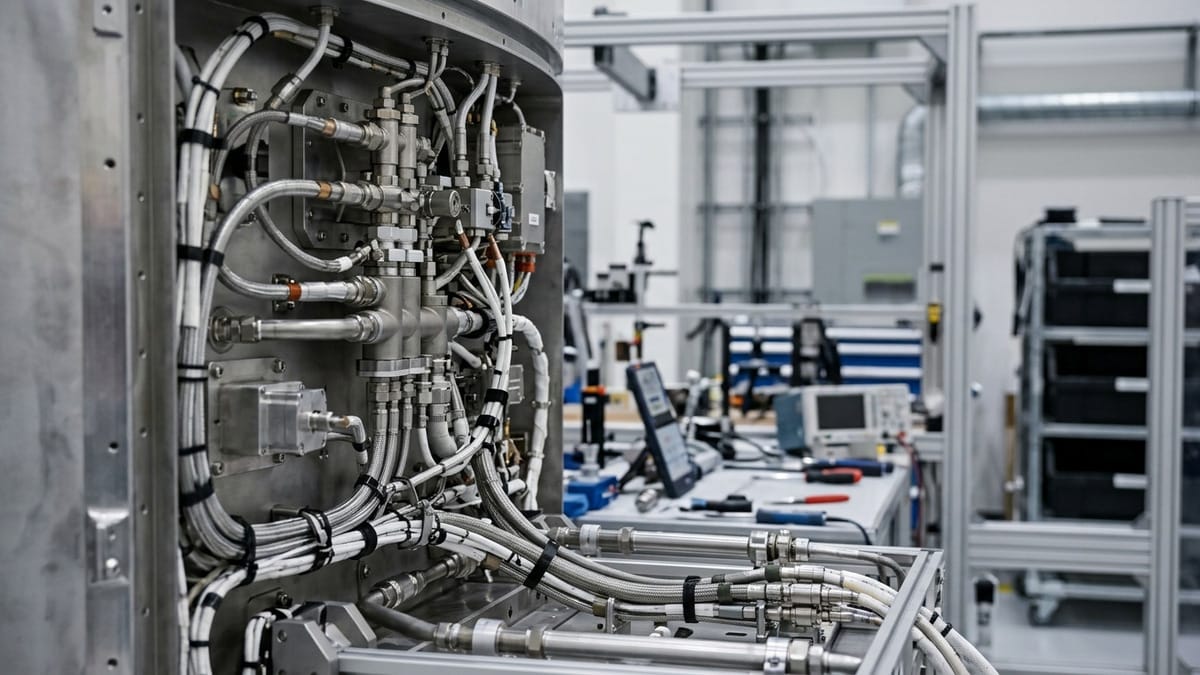 Interior técnico de un módulo espacial con paneles, cableado y equipos de soporte vital.