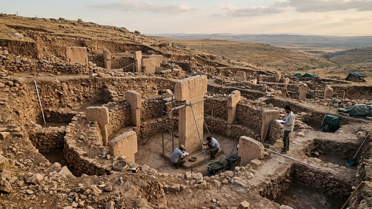 Excavación arqueológica en una colina de piedra caliza con pilares de Göbekli Tepe parcialmente expuestos.