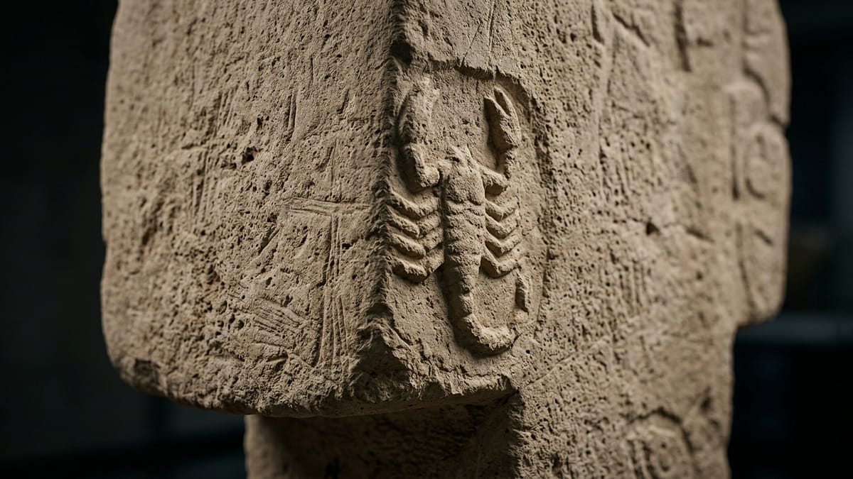 Detalle de un pilar tallado con relieve de animal y marcas de talla en piedra caliza.