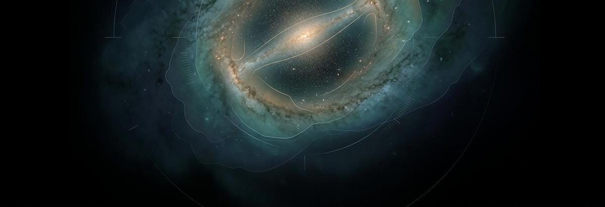 Mapa científico estilizado de una galaxia lejana con capas de estrellas, gas y polvo separadas, resaltando una barra interna como pista observacional.