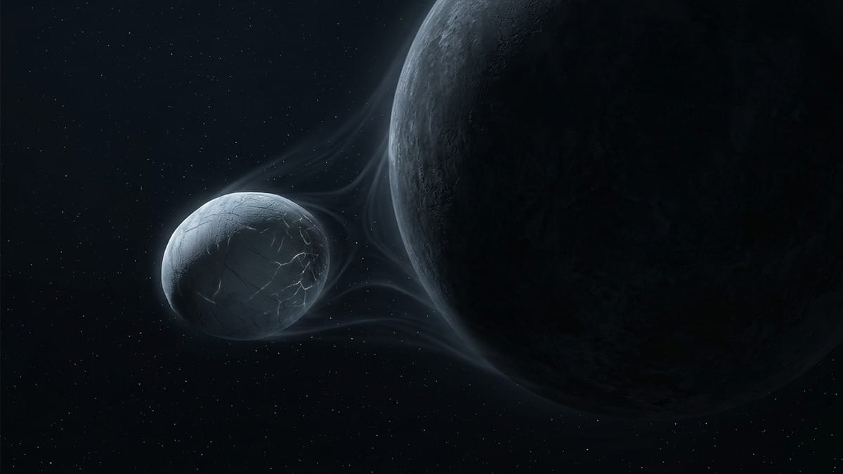 Ilustración de una luna de planeta errante junto a un planeta masivo, mostrando la relación gravitatoria que puede generar calentamiento mareal.