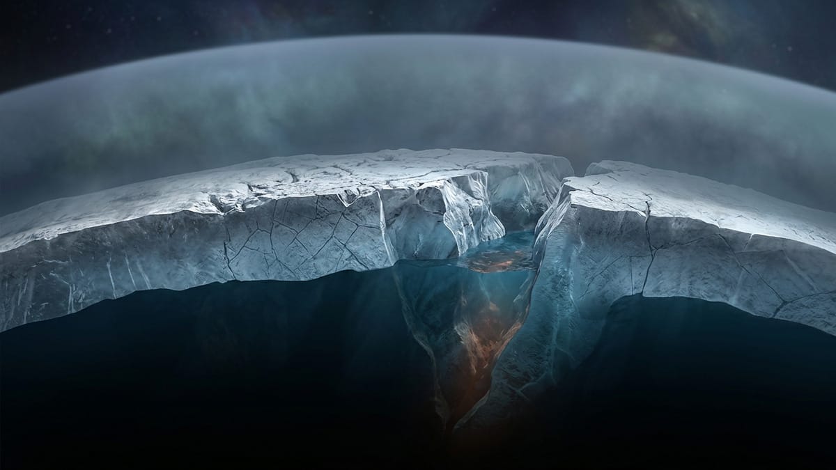 Detalle científico de una superficie helada y una atmósfera densa de hidrógeno reteniendo calor sobre una luna oscura.