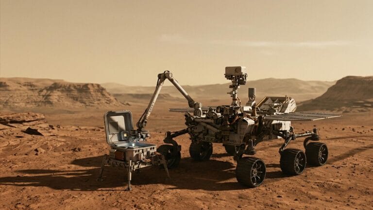 Ilustración editorial de un rover marciano analizando posibles biosignaturas.