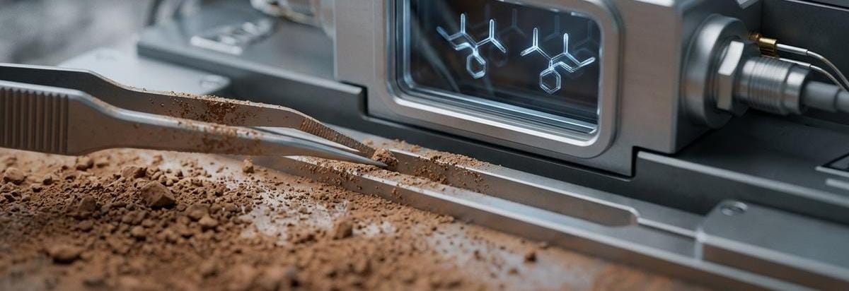 Detalle macro de un instrumento científico separando dos estructuras moleculares espejadas sobre una superficie mineral