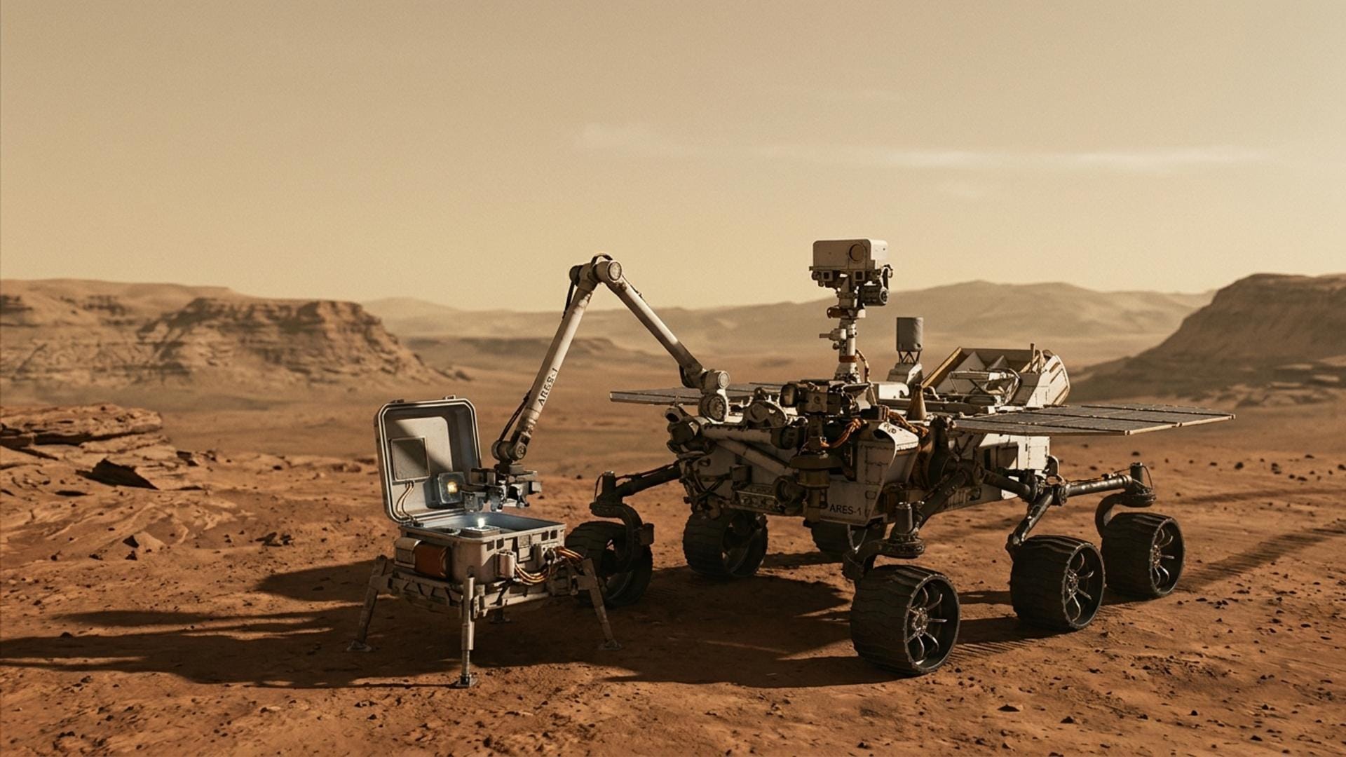 Ilustración editorial de un rover marciano analizando posibles biosignaturas.