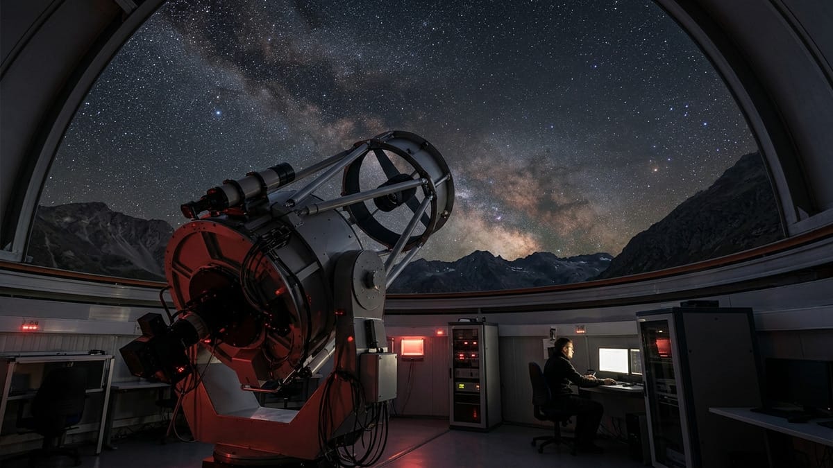 Ilustración de un telescopio observando el centro galáctico en una noche despejada.