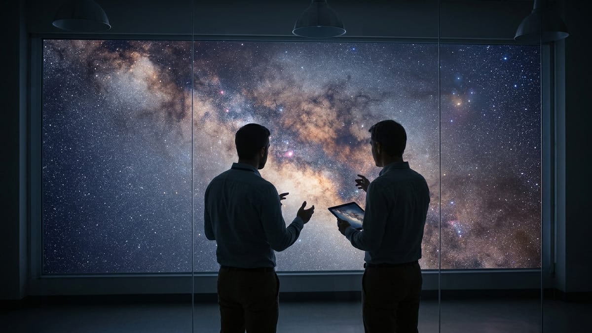 Escena de análisis astrofísico con siluetas de investigadores y una representación sutil del centro galáctico.