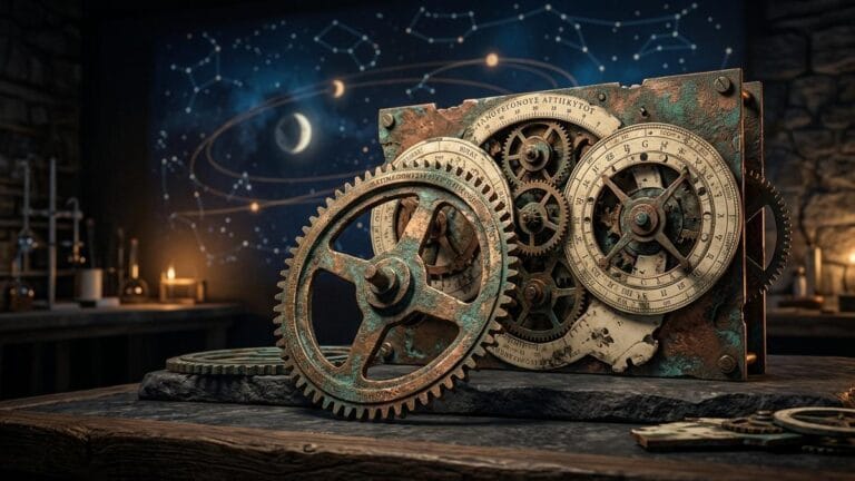 Ilustraci?n conceptual del mecanismo de Anticitera con engranajes y ciclos astron?micos