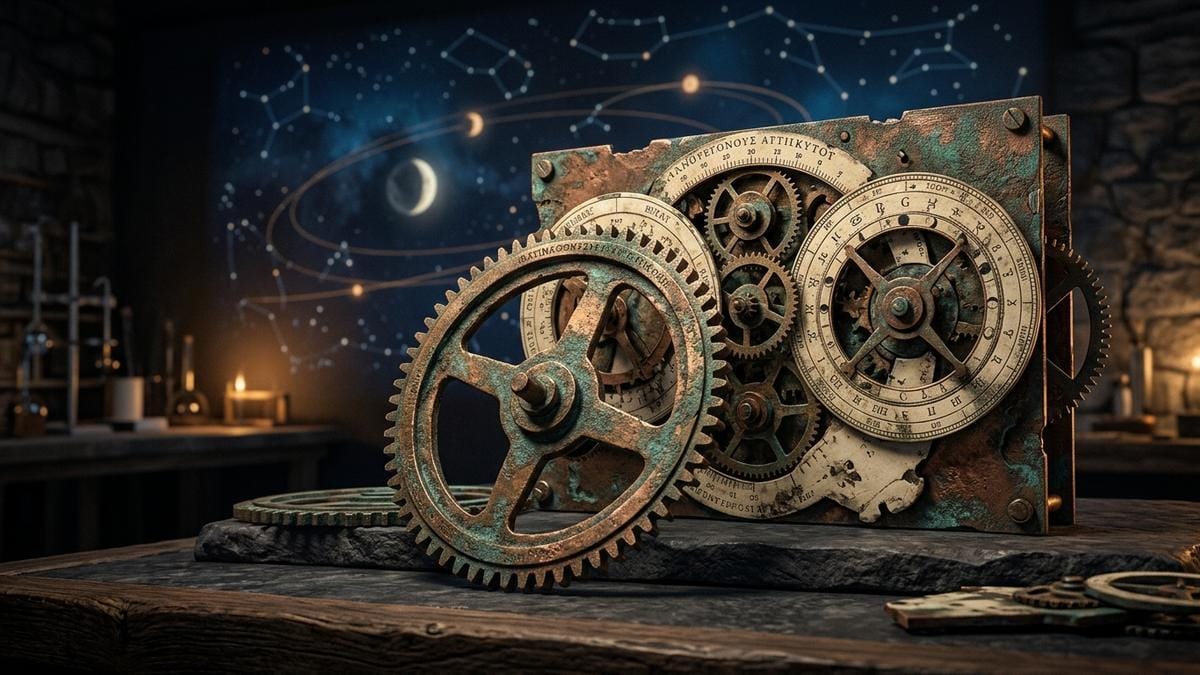 Ilustraci?n conceptual del mecanismo de Anticitera con engranajes y ciclos astron?micos