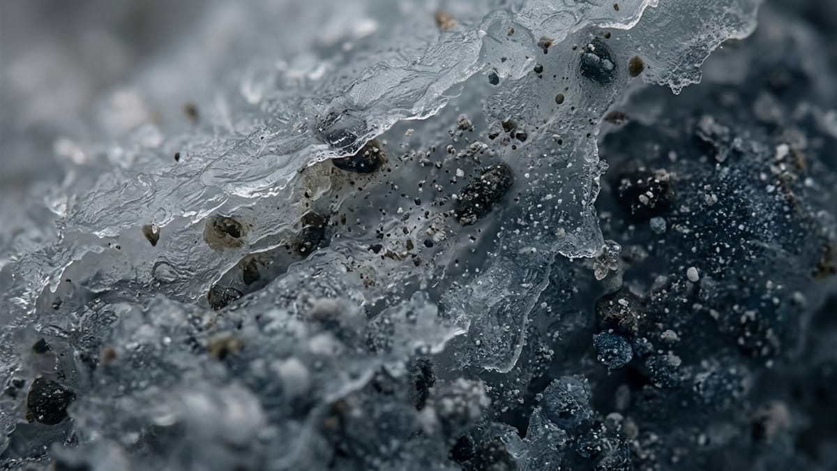 Muestra criogénica y material fino bajo análisis, con partículas y hielo complejos en primer plano.