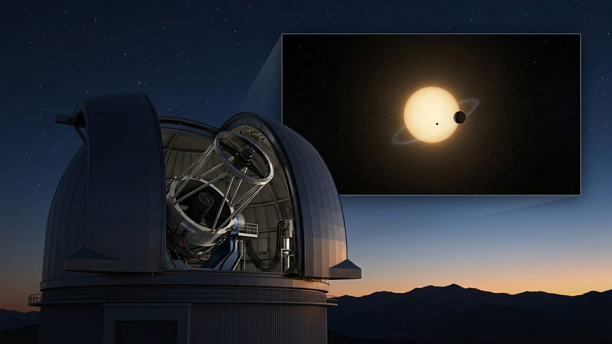 Ilustración de un telescopio observando un exoplaneta rocoso ante su estrella.
